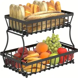 1pc 2 Layers Fruit Basket For Kitchen Countertop, Vegetable Bread Basket, Fruit Tray Storage Rack, Removable Metal Rectangular Wire Basket, Kitchen Supplies