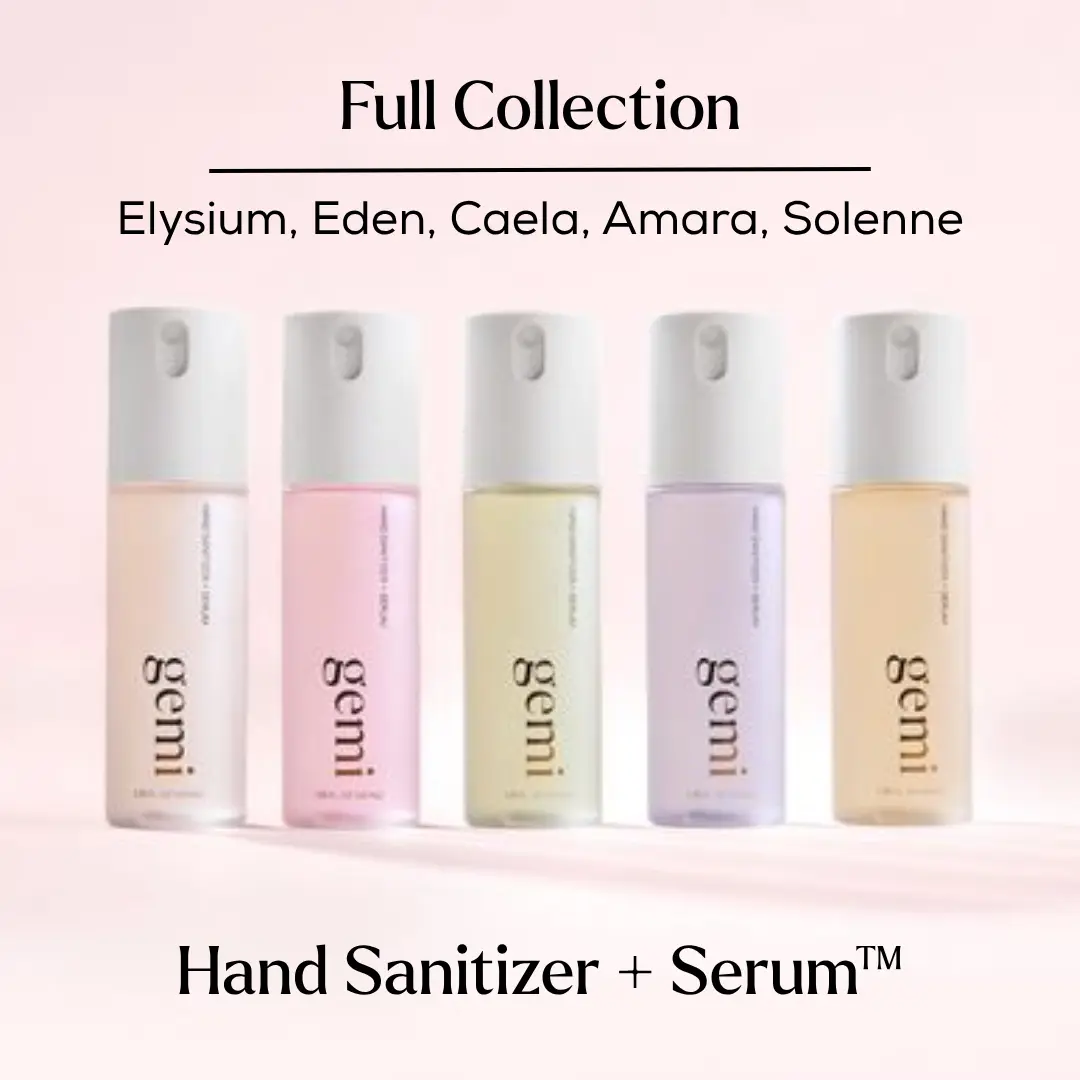 gemi full collection Hand Sanitizer | gemi beauty | Hand Sanitizer + Serum Spray Hand Sanitizer + Serum Spray | Hydrating K-Beauty Formula with Centella, Vitamin B5 & Green Tea | Kills 99.9% of Germs | 5 Pack