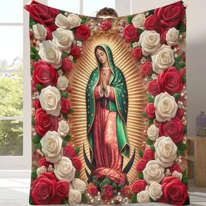 Religious Icon Flannel Blanket with Red and White Rose Print  Soft Warm Lightweight  Perfect for Home Decor  Spiritual Retreats  Prayer Rooms  Holiday Gifting  Cozy Reading Nooks summerwins