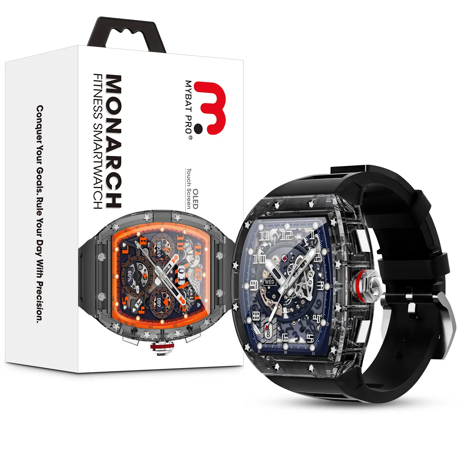 MyBat Pro Monarch Crystal Rugged Smartwatch - Black Android Wearable Device with Magnetic Charging, LCD Screen, Transparent Crystal Design, Waterproof Sport Watch Functionality, Bluetooth Connectivity, Wireless
