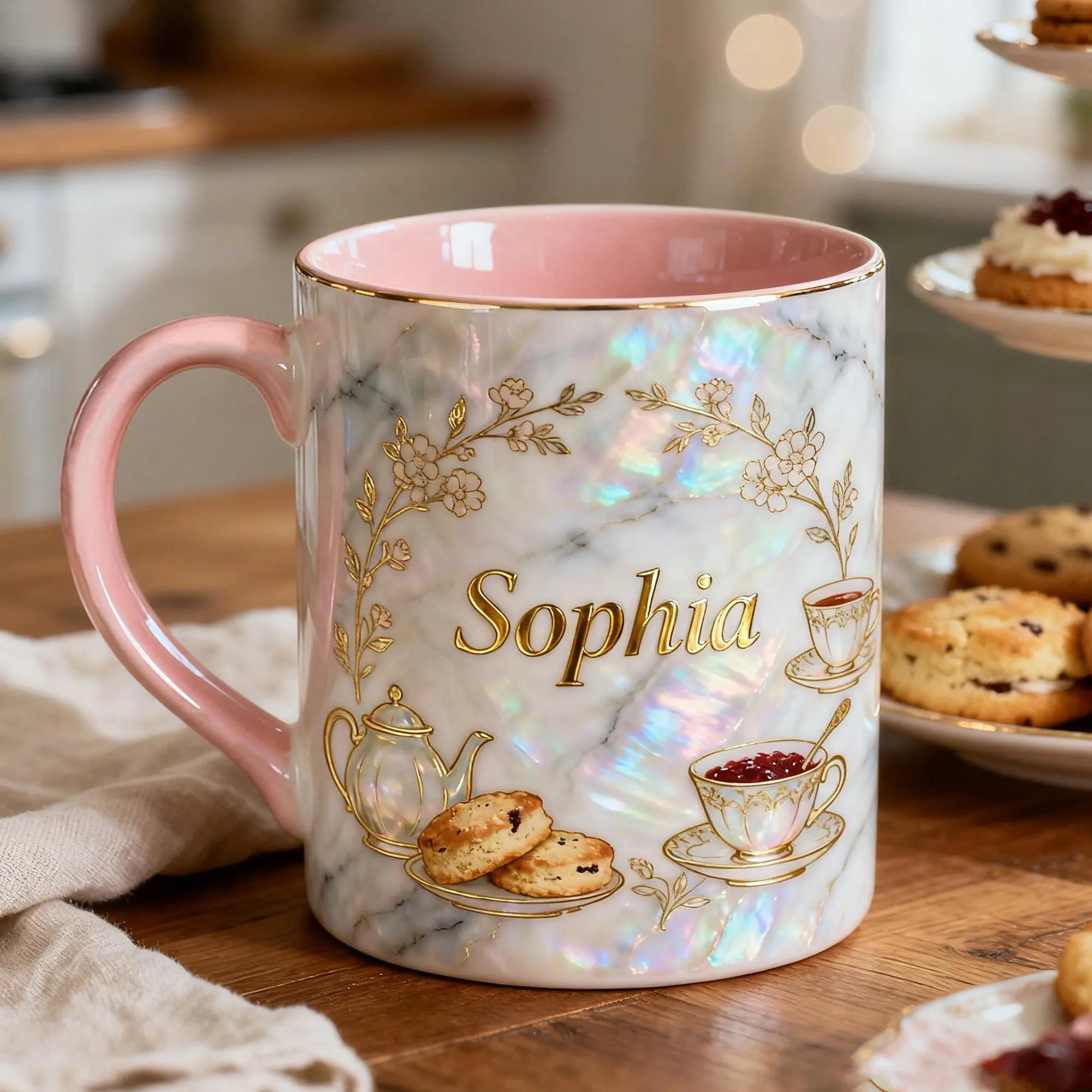 [Custom Name]Personalized Tea Lover Mug Custom Name Mug Elegant Floral Teacup Design Marble Style Coffee Mug Gift for Her Mom 2D Print 3D Effect 2D print 3D Effect