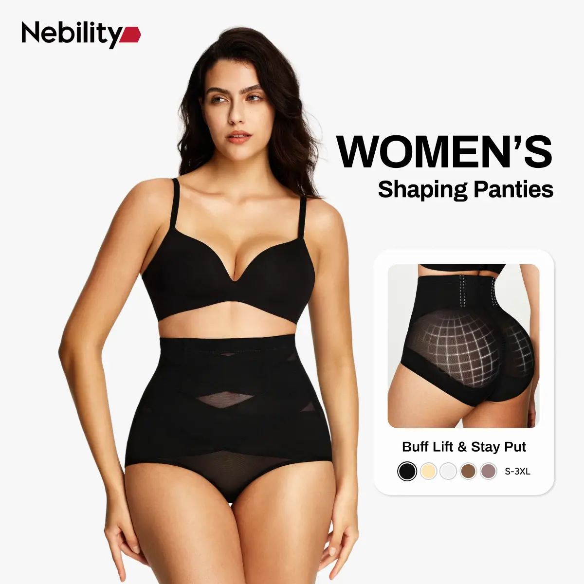 Nebility Women's High-Waisted Shaping Panties - Tummy Control Shapewear with Double Core Compression, Built-In Steel Frame, Stay-Put Soft Stretch, Butt Lift