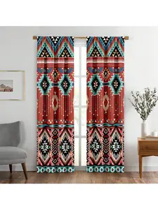 2pcs Red Aztec Curtains,Southwest Mandala Window Curtain, Ethnic Vintage Patterned Window Drapes for Bedroom and Living Room - Rod Pocket Design for Privacy and Style
