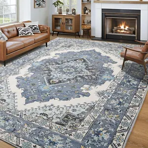 9x11 Feet Blue Machine Washable Vintage Area Rug Non-Slip Low Pile Large Rug For Living Room, Bedroom, Farmhouse, Dining Room, 5x8, 7x10 Feet
