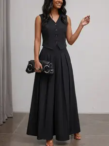 Women's Sleeveless V-Neck Asymmetrical Vest Top + Pocketed Wide Leg Pants Set, Casual Loose-Fit Two-Piece Outfit for Spring & Fall