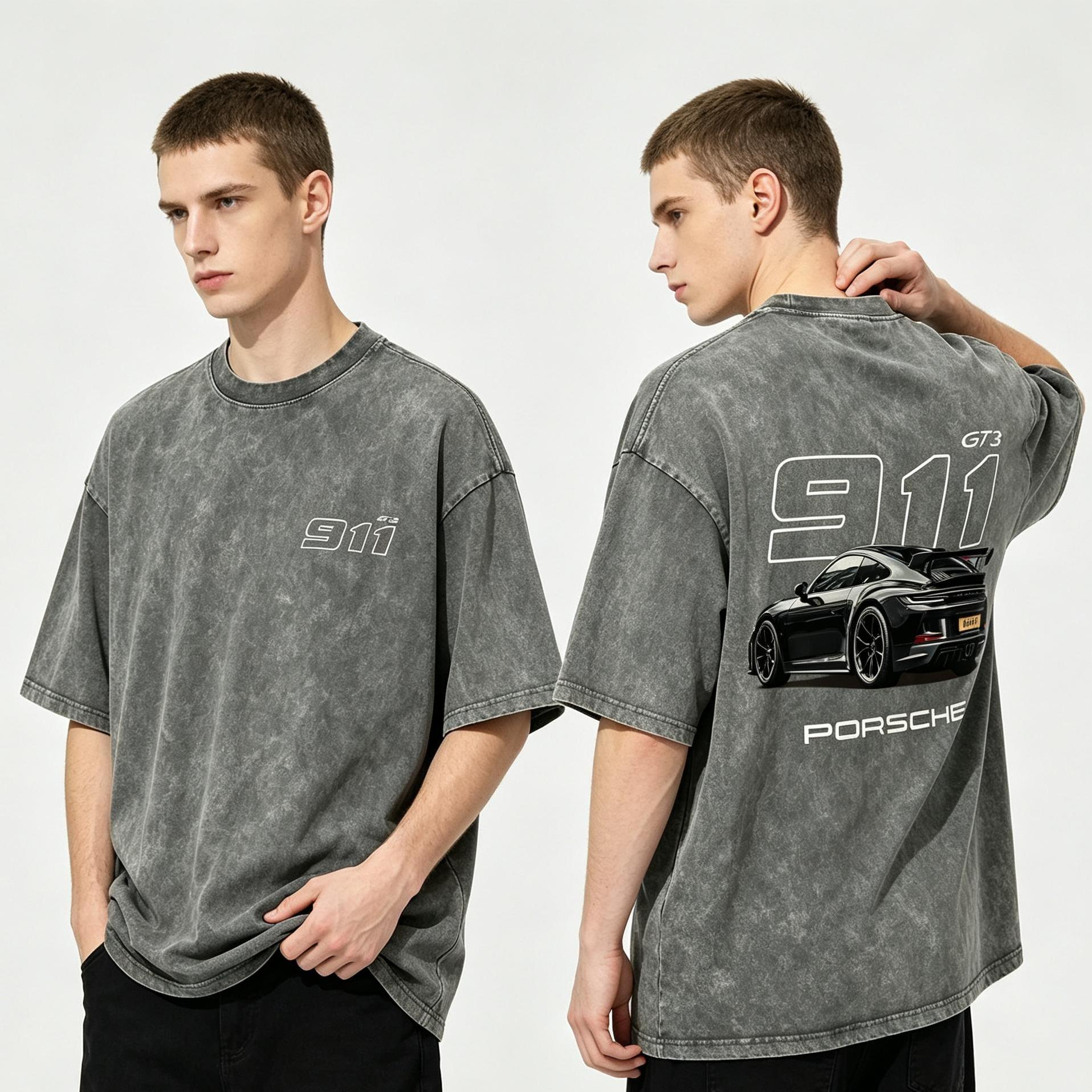 [BT] Racing Tshirt Unisex Fit Washed Cotton T-Shirt Oversize Menswear Tops Streetwear Round Neck shirt, Heavyweight Vintage Washed Grey Porsch 91 Graphic T-Shirt,Retro German Supercar Track Day Streetwear Tee Casual Graphic Top Shortsleeve Crewneck Tee