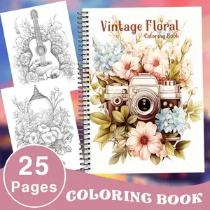 Vintage floral coloring book for adults, Versatile Gift, Diverse illustrations, Unique Artwork, featuring violin flowers, floral patterns on the pages. Spiral binding: 25 pages (100g paper) to prevent leakage. A grayscale fantasy coloring book with clear