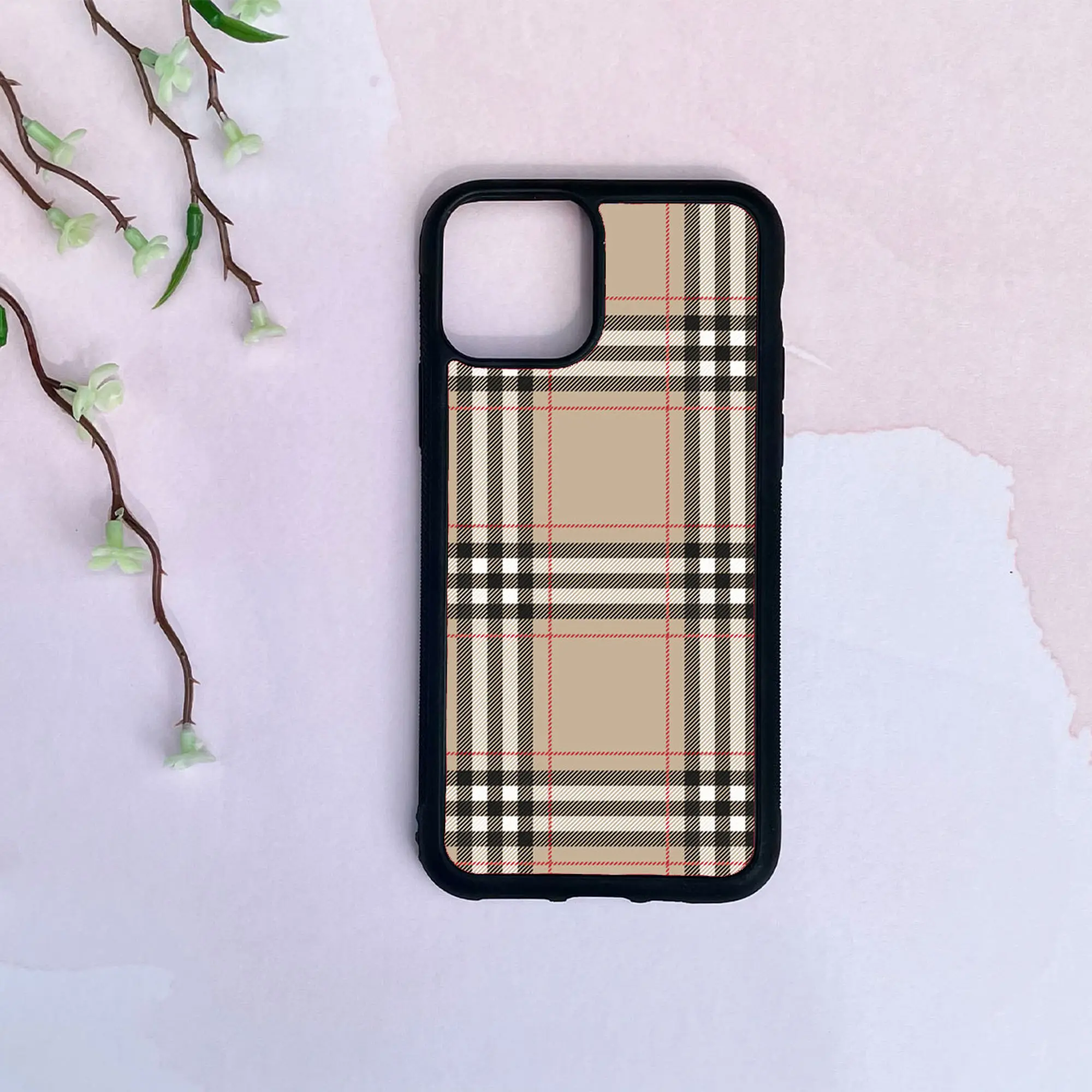 Neutral Tan Plaid iPhone Case – Fall Aesthetic Phone Cover – Beige Checkered Phone Case for iPhone 11 and Up Protection