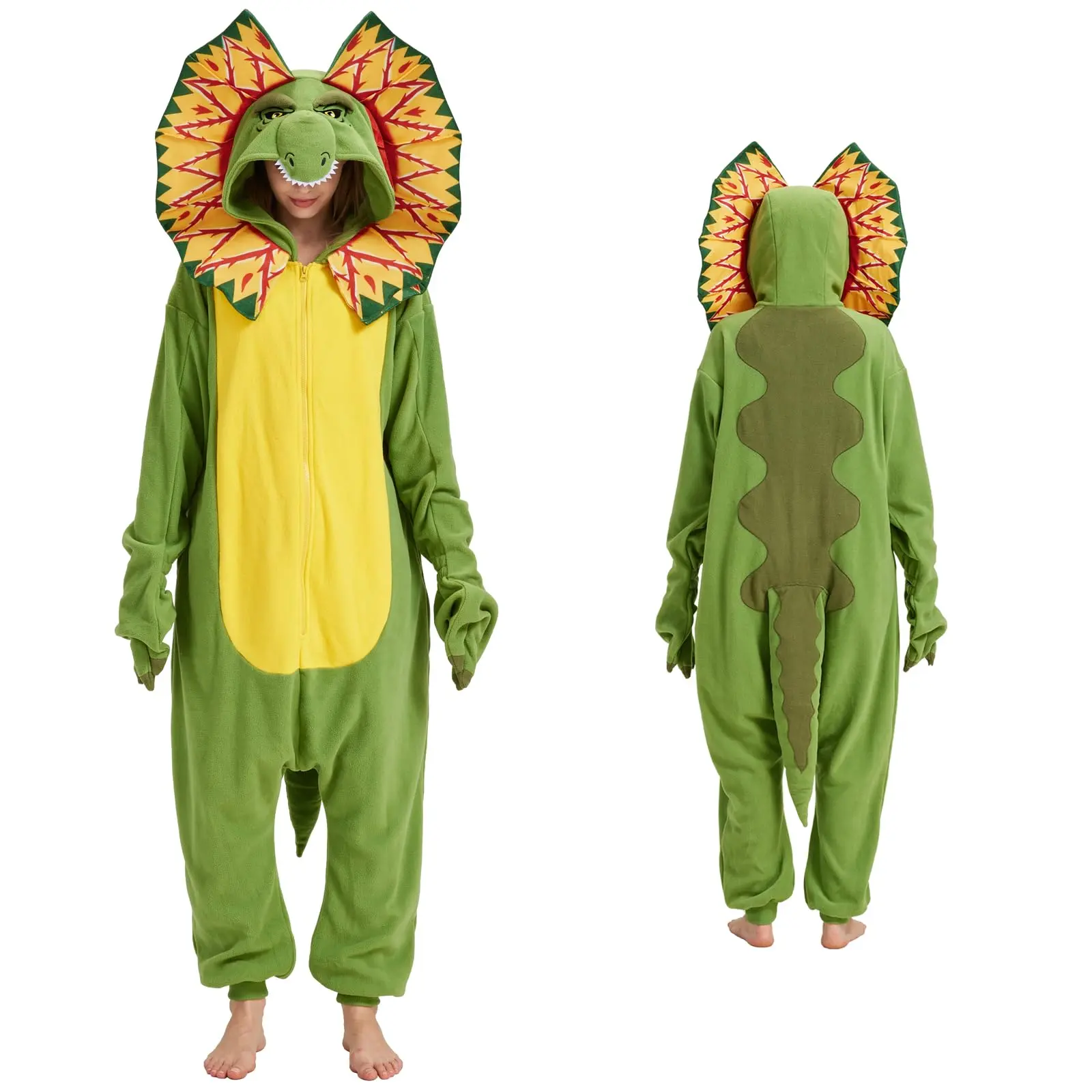 Women's Dilophosaurus Onesie Costume - Soft Fleece Knit Nightwear with Zipper Closure, Cartoon Fan Wings, Long Sleeves, Loose Fit, Plus Size, for Halloween Cosplay, Birthday, Happy Birthday, All-Season Loungewear