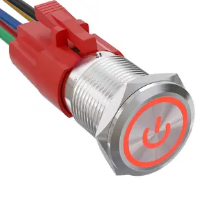 16mm Latching Push Button  0.63" 12V Power Symbol Ring Led  Metal with Socket Plug 1NO1NC SPDT ON/Off (Red/ Shell)