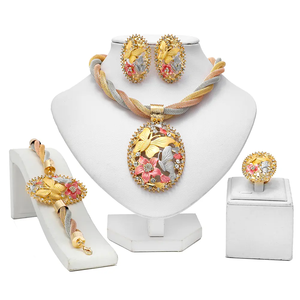 Tri-Tone 4-Piece Statement Jewelry Set, Chunky Butterfly & Floral Crystal Necklace, Bracelet, Earrings & Ring for Women, Animals, Bling Effect, Arm Candy Accessories