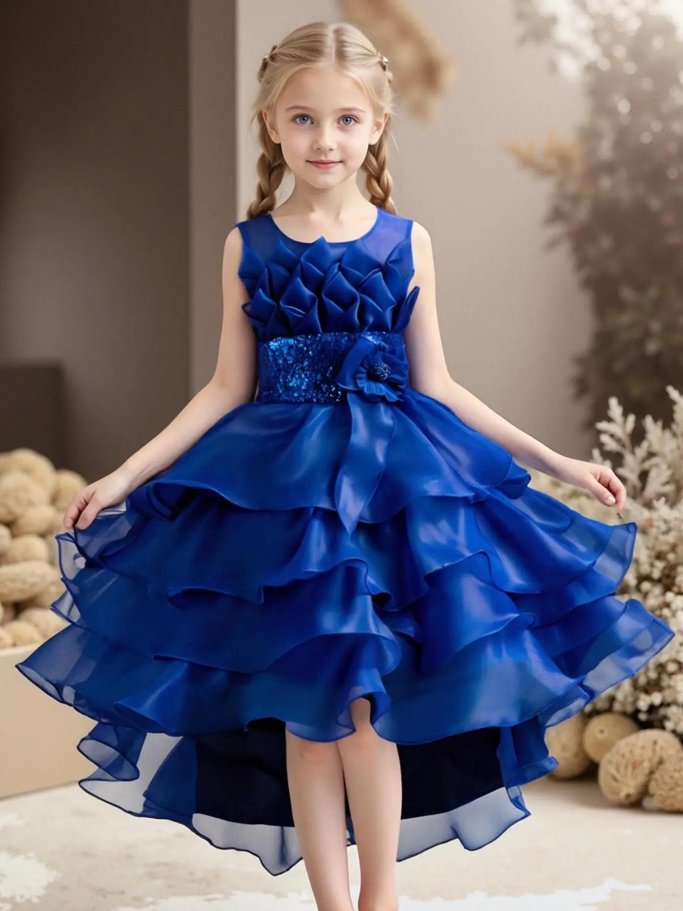 Girl's Contrast Mesh Flower Appliques High Low Hem Satin Dress, Elegant Contrast Sequin Bow Back Sleeveless Fit & Flare Dress for Party Performance, K