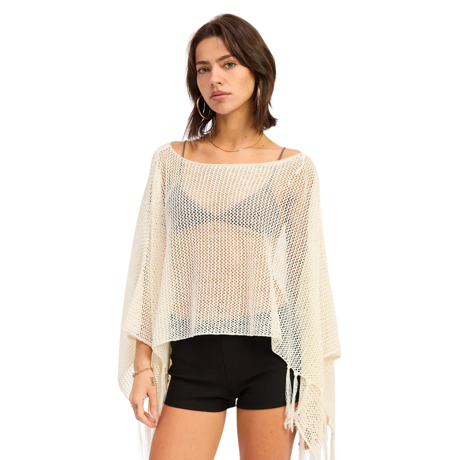 Cream Open Knit Crochet Poncho Top