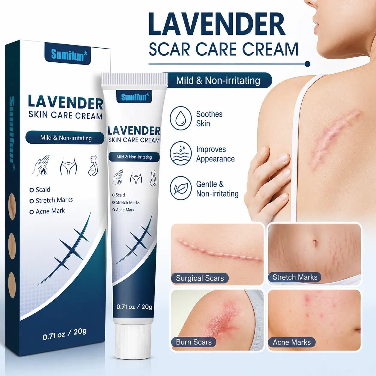 Sumifun Lavender Scar Care Cream, 20g Skin Care Cream for Scars, Stretch Marks and Acne Marks, Moisturizing Massage Cream for Face and Body, Mild and Non-Irritating