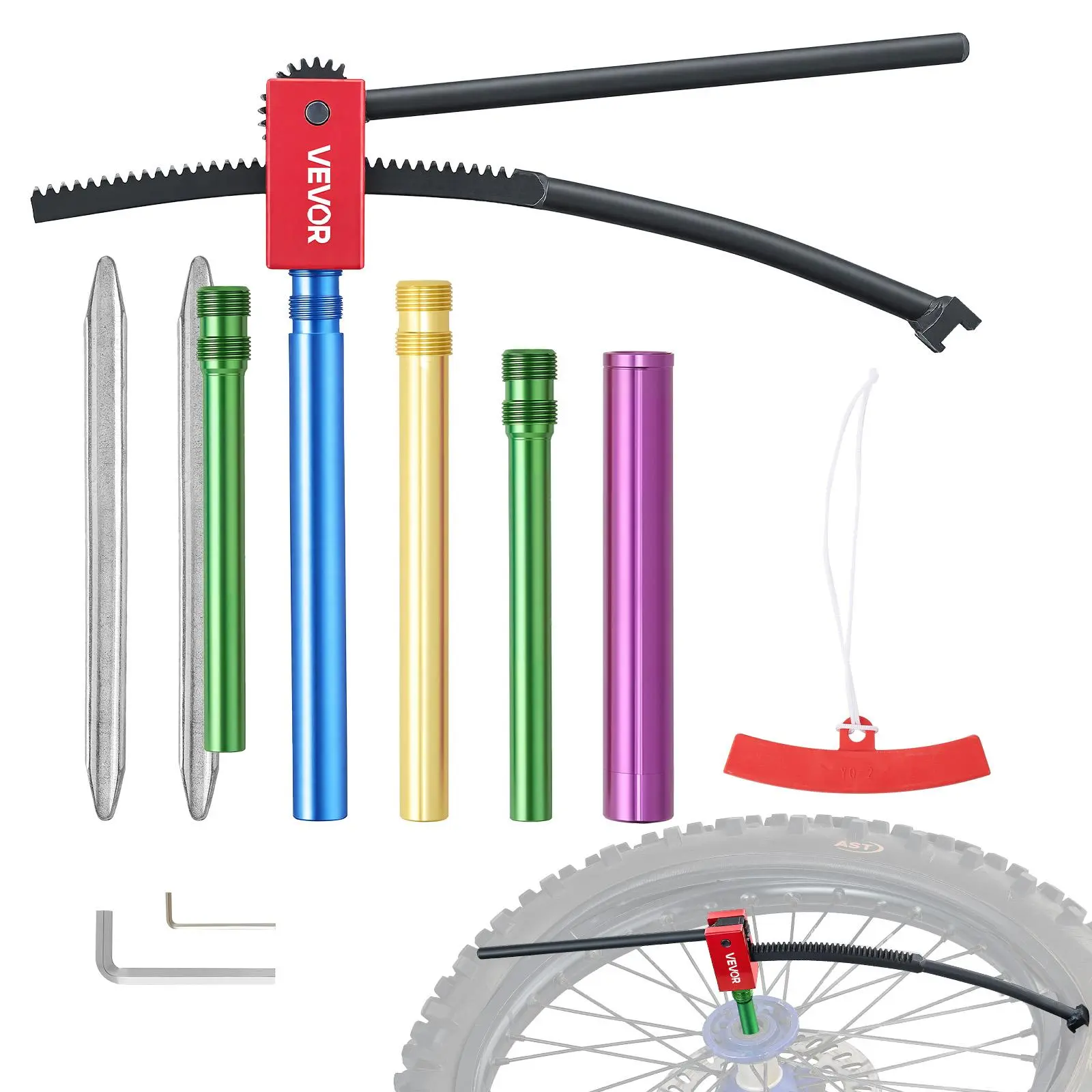【Summerfinds】VEVOR Dirt Bike Tire Changing Complete Kit for Motocross Bikes & Dirt Biking, Compact Changer with 2 Tire Irons (Iron Tools), Grooved Lever, Protective Sleeve, 15-25 mm Axle Adapters, Fits 16"-21" Wheels, 16"-21" Tires