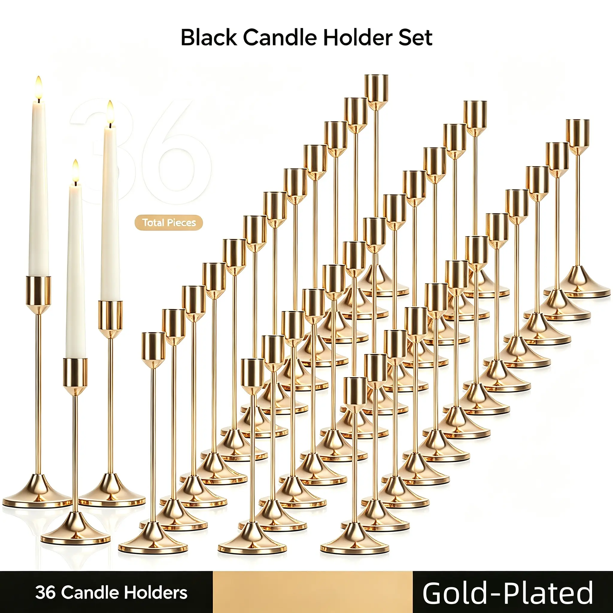 Gold Metal Taper Candle Holders, Tall Candlestick Holder Set, Table Centerpiece for Wedding Dining Room Christmas, Mantel Bedside Home Decor, Candles Not Included