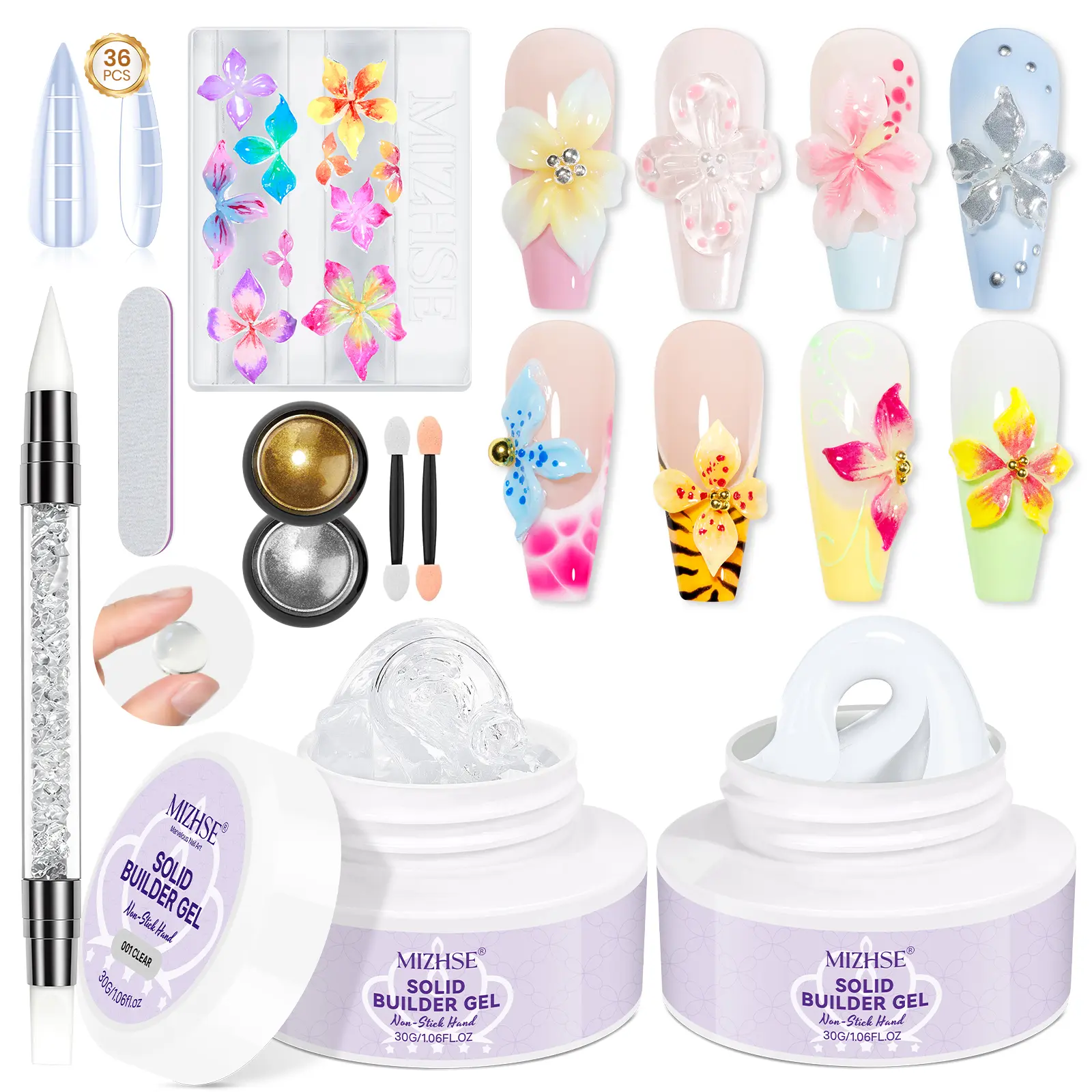 MIZHSE Solid 3D Nail Gel – Sculpt Flowers & Shapes Easily | Clear & White Polygel Nails Glitter