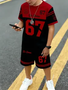Boys' Summer Short Sleeve Two-Piece Set, Casual Set, Number 67 Design, Stylish Streetwear, Trendy Kids Fashion, Comfortable and Cool