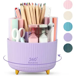 SKYDUE 360 Rotating Purple Pen & Art Supply Organizer - 5 Slot Desk Organizer for Office, School, Home