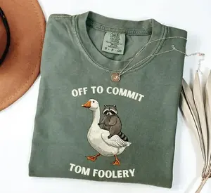 Comfort Colors Off to Commit Tom Foolery Funny Raccoon Graphic Meme T-shirt, Unisex Premium Garment-Dyed Vintage Soft Cotton, Made In The USA	