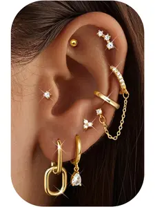 Hypoallergenic 14K Gold Plated Hoop Stud Earring Stacks for Women Trendy Earring Stacking Set - Chain Cartilage Earrings Cute Silver Huggie Earrings Sets for Multiple Piercing Jewelry Lightweight 8Pairs