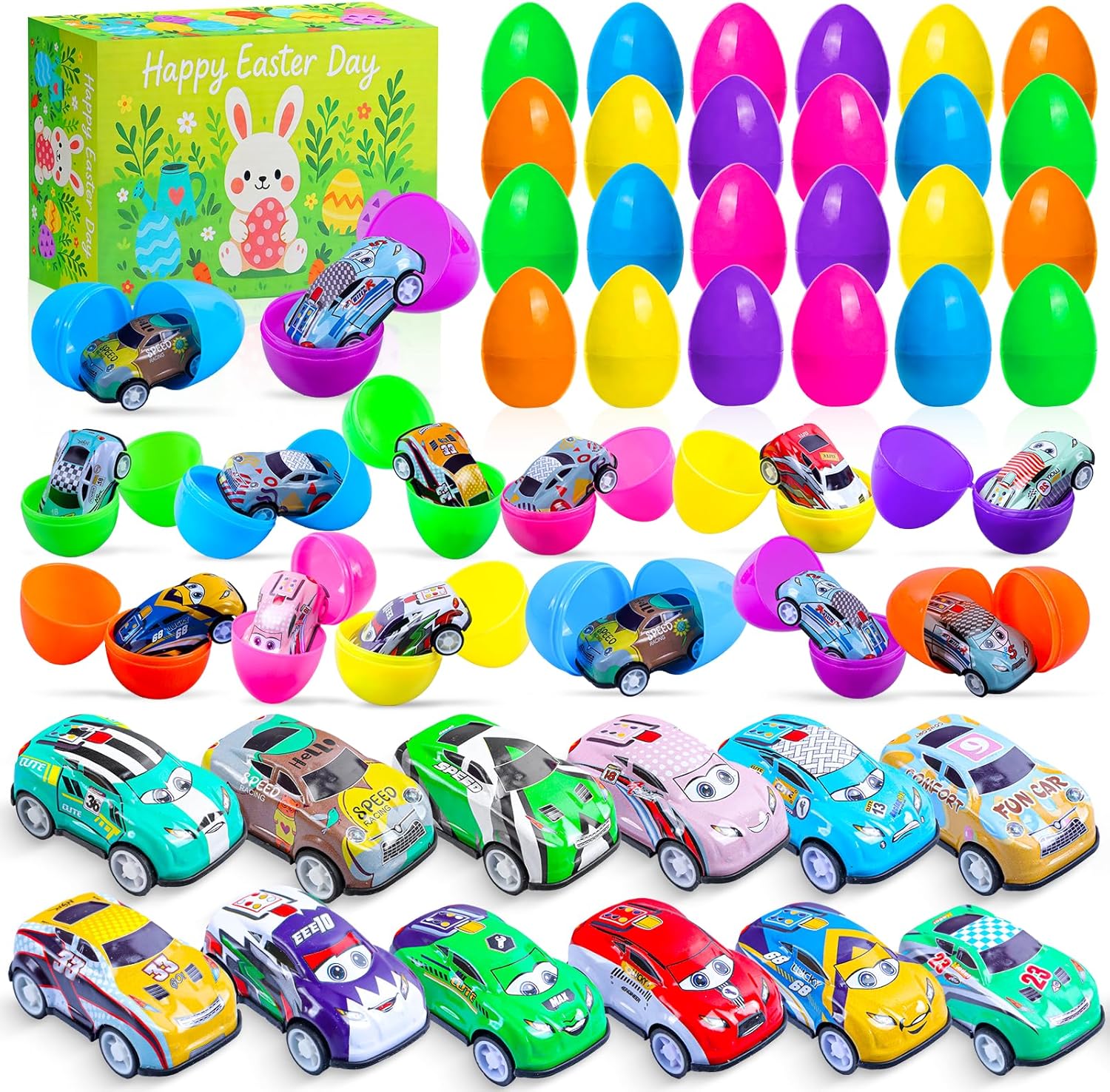 24 Pack Easter Eggs with Pull Back Cars – Colorful Racing Toys for Kids, Boys & Toddlers – Easter Basket Stuffers, Egg Hunt Party Favors, Classroom Prizes & Easter Gifts