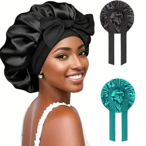 Luxury Satin Bonnet Duo for Women - 2 pcs Adjustable Hair Bonnet with Tie Band for Curly Hair - Frizz-Free, Heatless, Machine Washable - Black & Pink Elastic Lightweight Daily