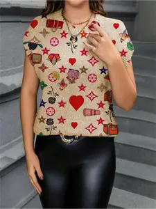 Geometric Heart Print Round Neck Sweater, Casual Short Sleeve Fitted Knitwear for Spring Summer Fall, Comfortable Warm Women's Clothing