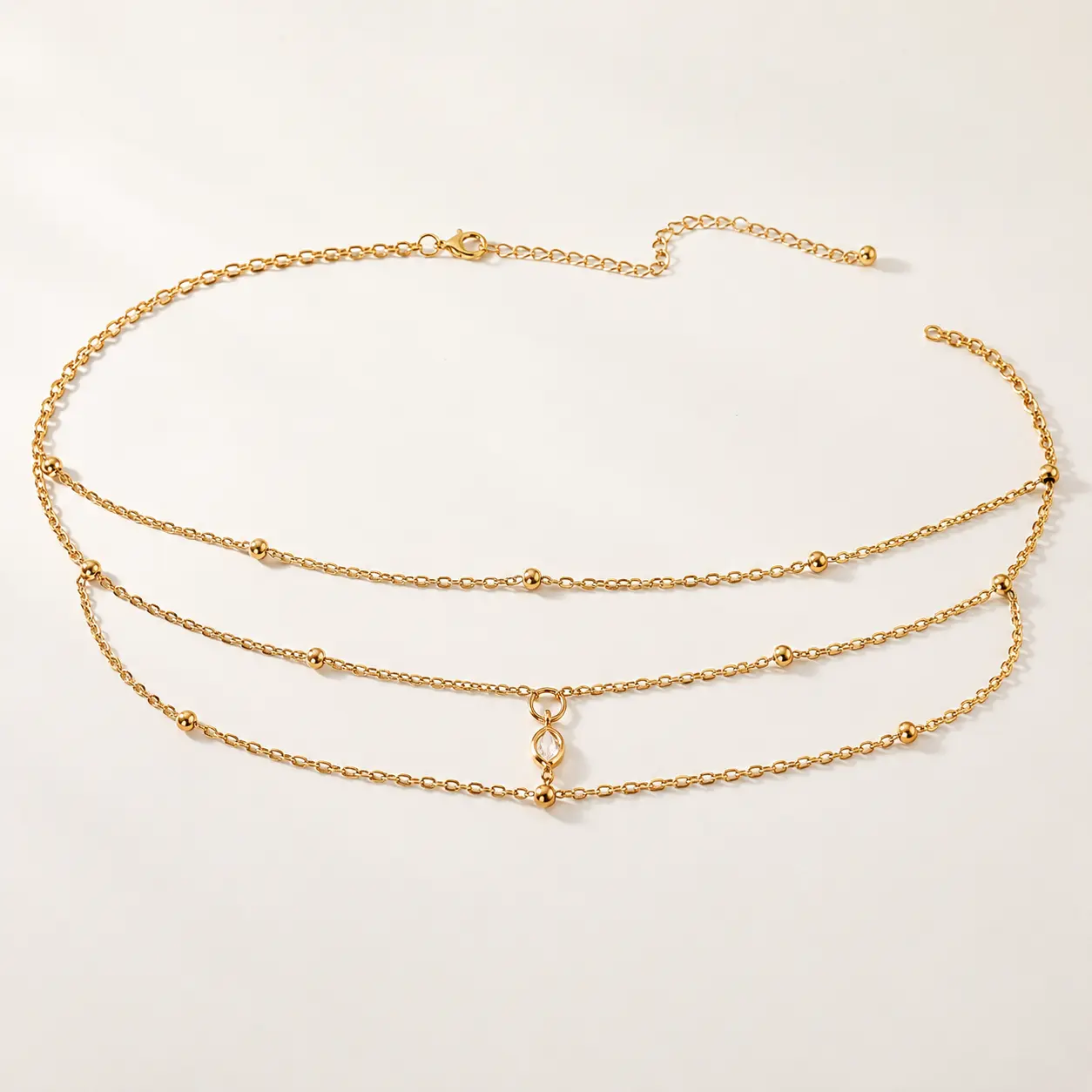 Triple Layer Gold Beaded Belly Chain with Round Crystal Pendant, Adjustable 70+30cm Extended Multi-Layer Waist Beads Chain Waterproof Y2K Summer Bikini Body Jewelry for Women Beach Festival Outfit