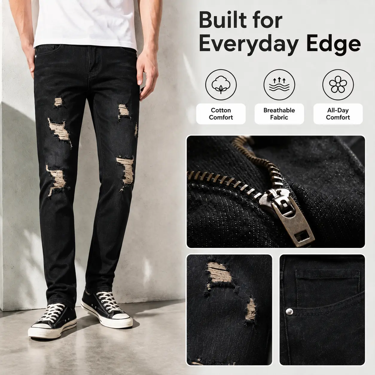 JUNBAOSS Men's Slim Straight Stretch Denim Jeans - Street Style, Distressed, Ripped Color Patch, Flex Waist, Zipper, Buttons, Retro 90s Grunge, Fashion, Chic, Natural Cotton, Casual Menswear, Black Orange, Smooth, Size S