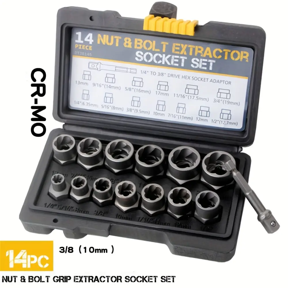14-Piece Socket Wrench Set, Chromium Molybdenum Steel Nut Extractor Kit for Damaged Bolts, 3/8-Inch Drive with Hex Wrenches