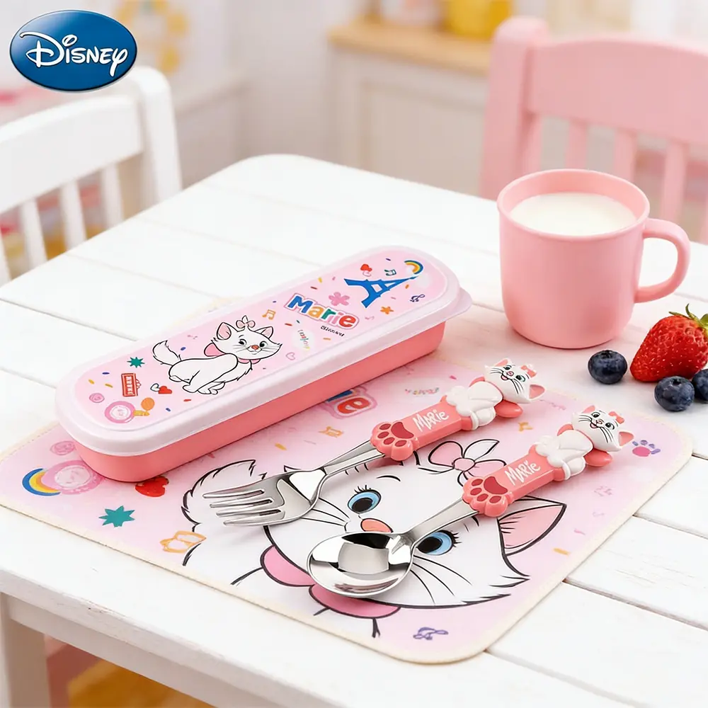 Disney Officially Licensed Duchess Marie Cat 3D Spoons and Forks Set Utensils, Food-Grade Non-Slip Handle, Portable Storage, Eco-Friendly, Perfect for Parties, Tableware Kit
