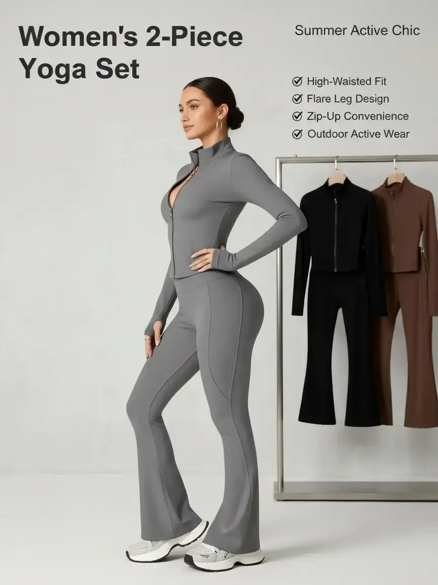 Women's 2-Piece Yoga Workout Set - Zip-Up Long Sleeve Crop Top & High-Waist Flare Leg Pants, Athleisure Sportswear for Summer Outdoor Activities, 2 piece sets women, Women 2 Piece Sets Athletic Fashion Activewear