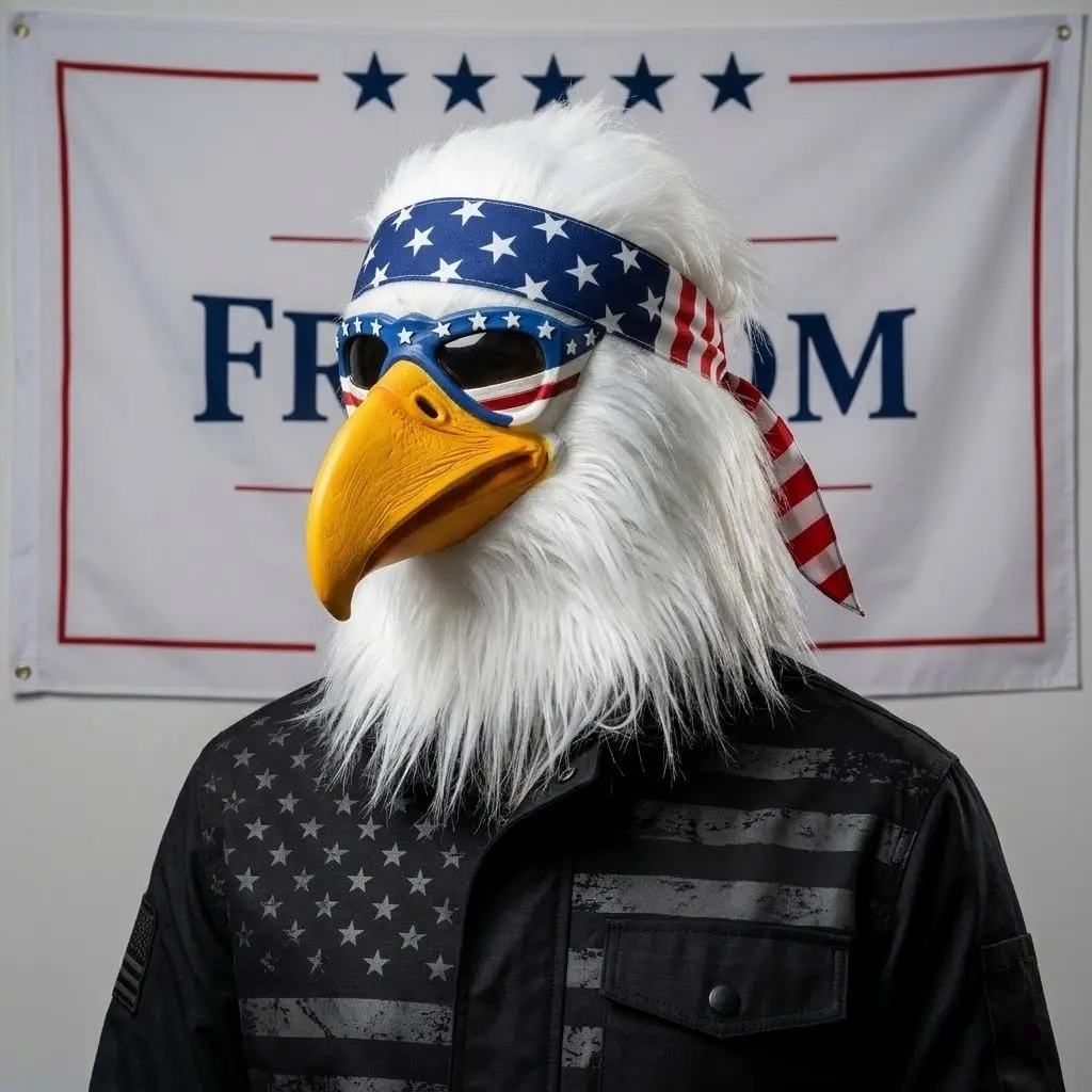 USA Patriotic Bald Eagle Latex Head Mask With Flag Bandana & Fluffy Hair, Adult Cosplay Costume Mask For Patriotic Occasions Halloween Carnival Masquerade Animal Mask