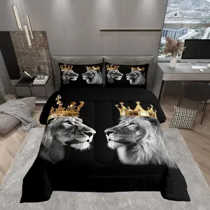 Wild Lion Couple Comforter Set,Gold and Crown Quilt Set for Kids Boys,Bedroom Collection,Tropical African Animal Polyester Bedding