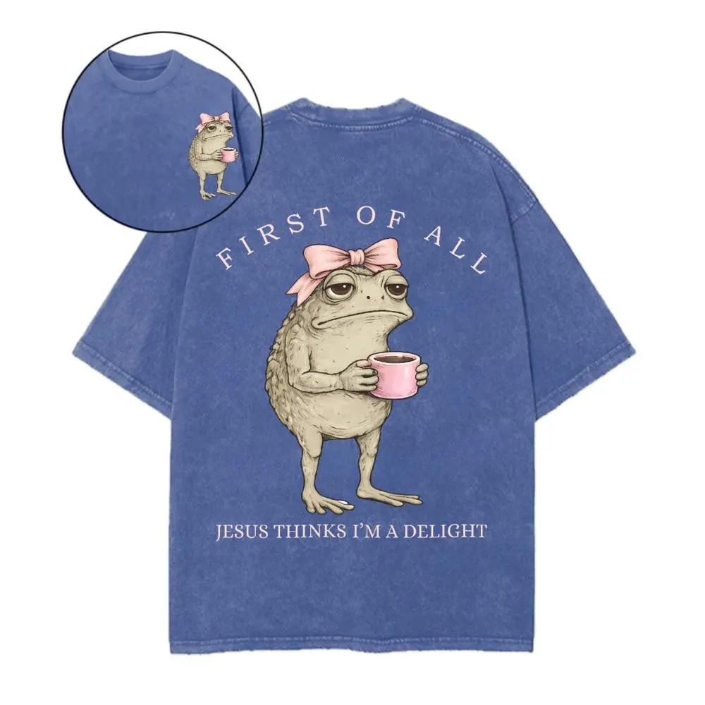 Jesus Thinks I'm A Delight Graphic Tee Funny Frog Wearing Bow Heavyweight Vintage Washed Heavyweight Streetwear T-Shirt Oversized Tee For Women Men Cotton Fabric Breathable Menswear
