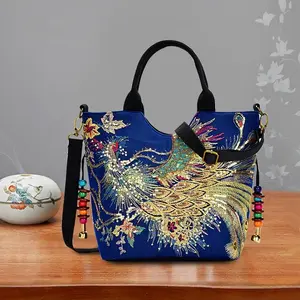 Outdoor Travel Handbags Purse Embroidered Bag Light Canvas Peacock Embroidery