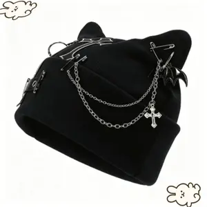 Women's Gothic Cat Ear Beanie With Punk Chain And Bat Charm, Y2K Grunge Winter Cap, Adjustable Machine Washable Black Streetwear Headwear