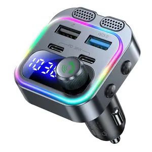 Car Wireless FM Transmitter Handsfree Calling Car Kit with 2 Microphones, 2 Type C Ports PD36W Dual USB QC3.0 Fast Charging, USB Car Charger Voltage Detection, Support USB Flash Drive Playback Lossless Music MP3 Player Charger, Automotive Charger