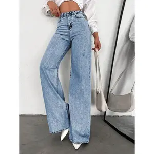 Tall 100% Cotton High Waist Wide Leg Long Hem Jeans Bottoms Fabric