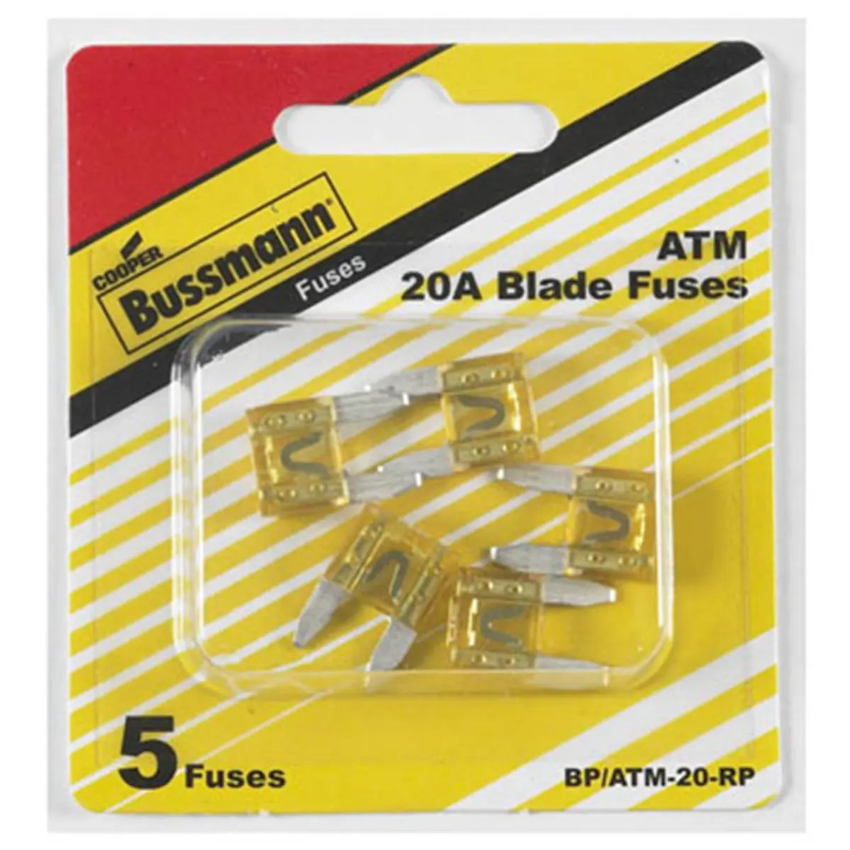 212 MAIN Cooper Bussmann BP-ATM-20-RP 5-Pack 20A Auto Blade Fuse - Yellow, Color Coded, Fuse Link Status Indicator