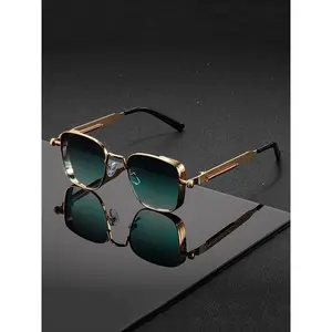 Men's Vintage Industrial Rectangular Metal Frame Eyeglasses, Engraved Metal Details & Flexible Hinges, Great for Gatherings Ceremonies Occasions Polarized Green Sunglasses