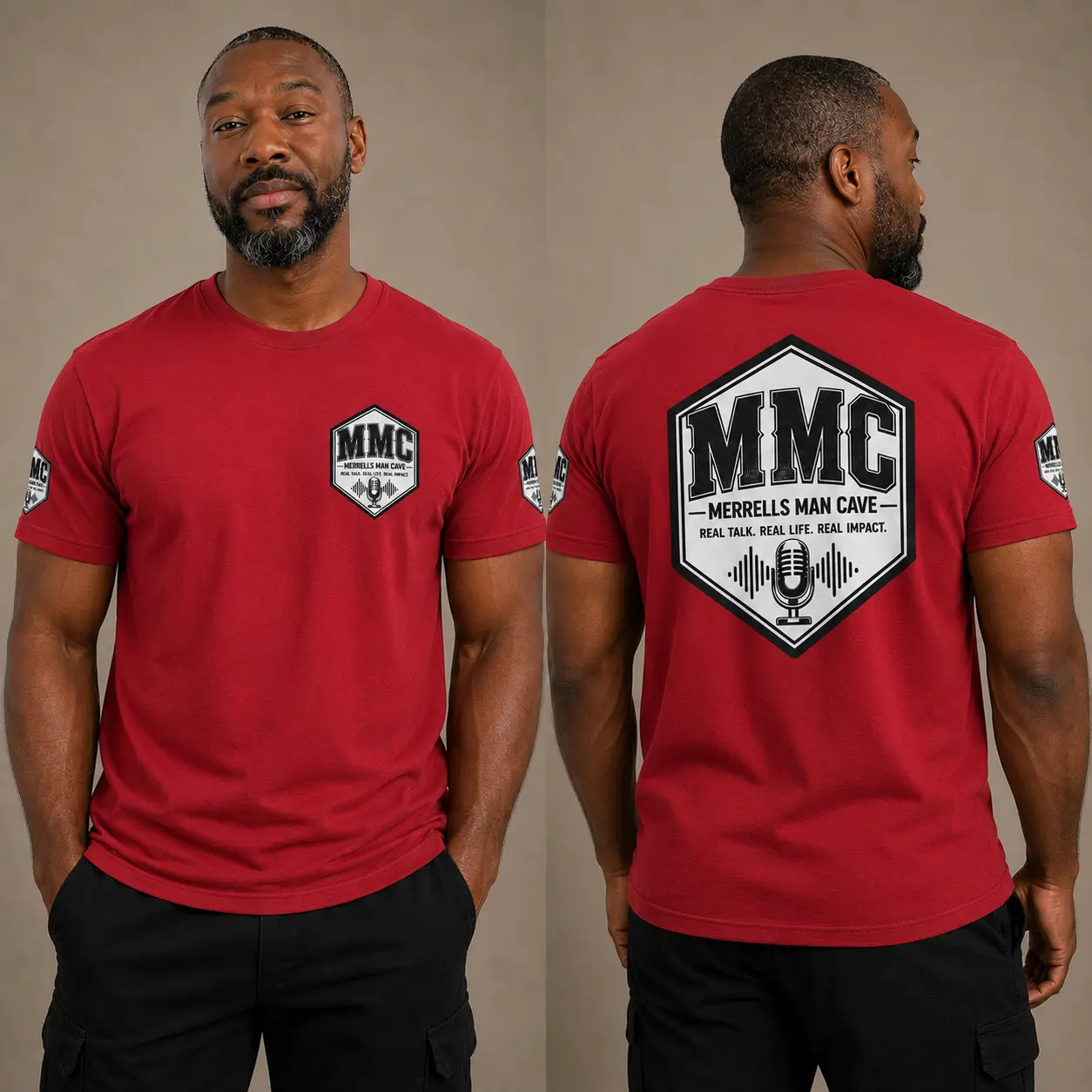 Men's Merrell Man Cave MMC Logo Cotton T-Shirt - Podcast Microphone Badge, Casual Classic Tops with Sleeves, Shortsleeve, Knit