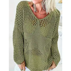 Women’s plain hollow-out sheer drop-shoulder crochet sweater, casual long-sleeve crew-neck jumper for summer, fashionable women’s knitwear for everyday wear