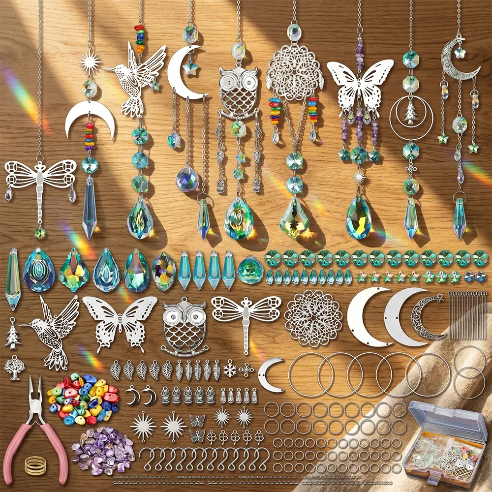 460 pcs Faux Crystal Suncatchers Supplies, Sun Catchers Making Kits Craft for Adults, Stained Glass Window Hanging Prism, Indoor Outdoor Garden Xmas Home Decor with Rainbow Maker Pendants Chains camping gear,summerwins