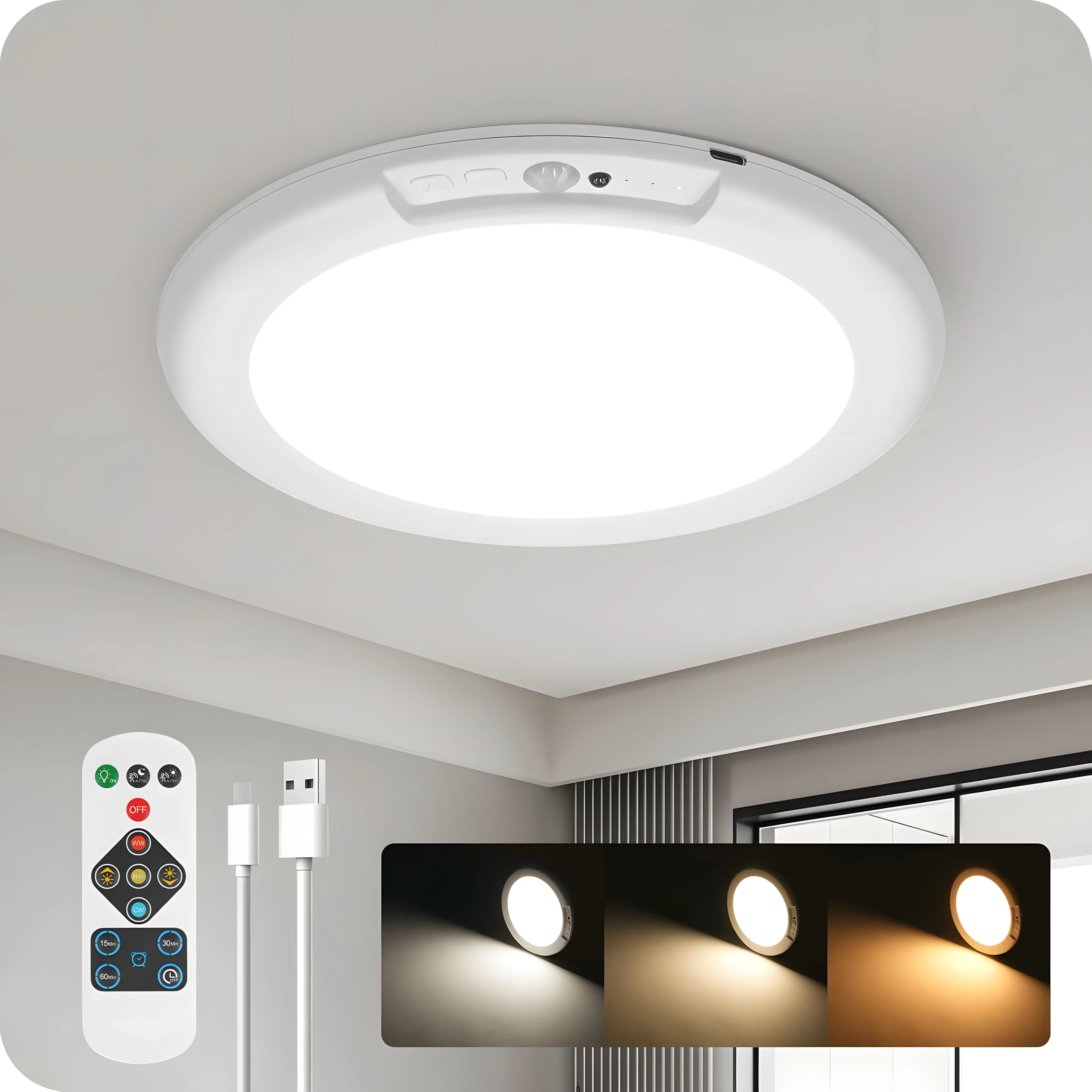 USB Rechargeable Magnetic Ceiling LED Light, Motion Sensor Activated with Remote Control, Adjustable 3 Color Modes for Stairs, Closet & Daily Household Kitchen Lighting