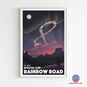 Mario Kart Rainbow Road Retro Unframed Poster - Futuristic Space Track Travel Print - Nintendo Super Circuit Wall Art - Iconic Video Game Location Decor