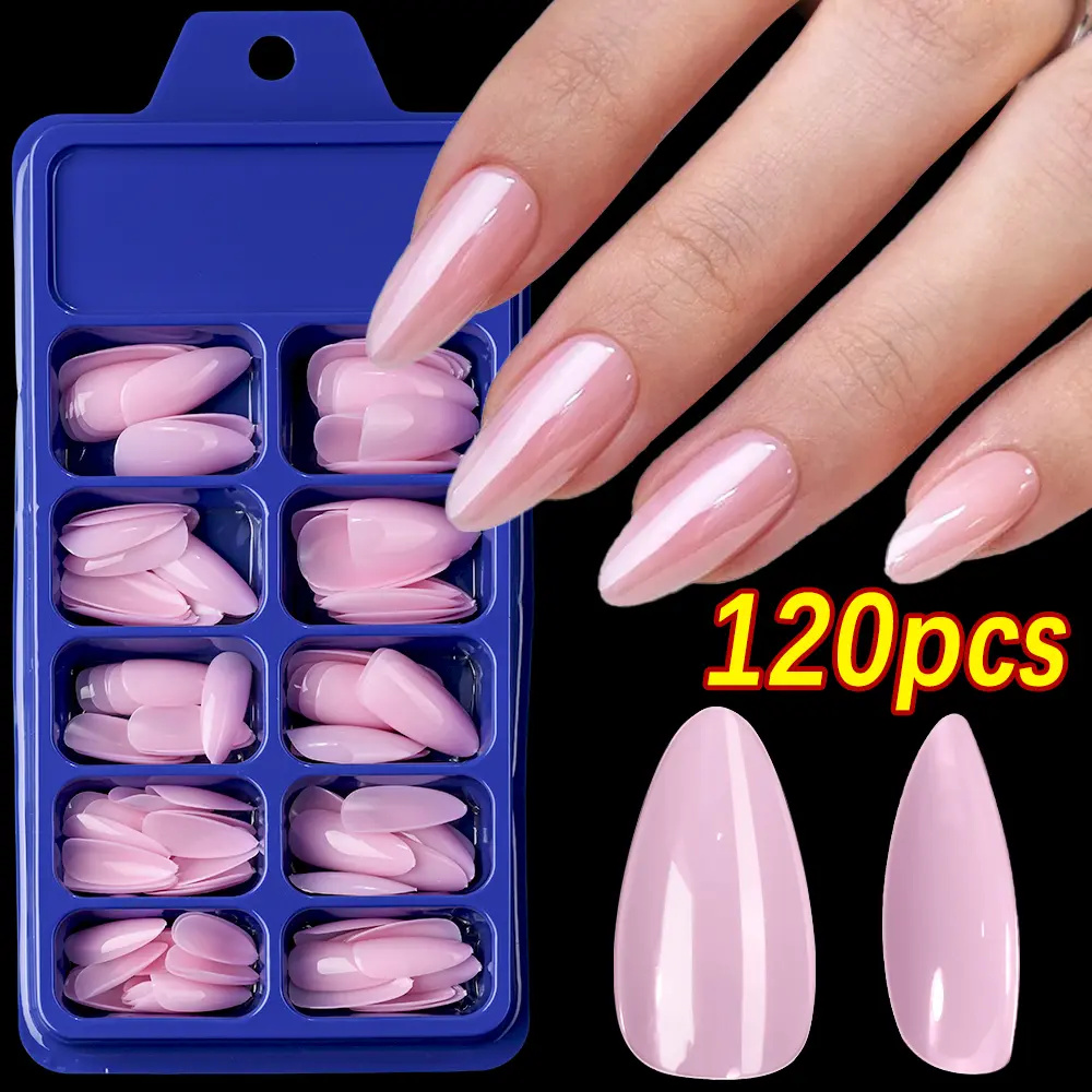 120pcs/Box Bright Gloss Pink False Nails Medium Almond Simple Solid Color Press On Nails Soft Gel Full Cover Wearable False Nail