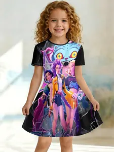 Cyberpunk Huntrx Girl Group Dress 3D Anime Character Children Short Sleeve A-Line Skirt, Casual Asymmetrical One-Piece Knee Length