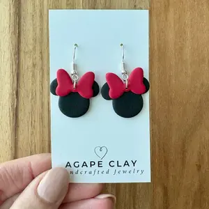 Mouse with Red Bow Dangle Earrings - Polymer Clay, Hypoallergenic Nickel-Free Hooks, Handmade Design, Ideal for Sensitive Skin